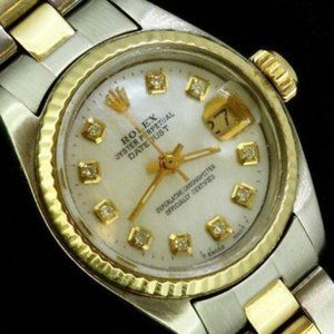 Rolex Ladies Datejust Oyster Stainless Gold Diamond Dial Watch